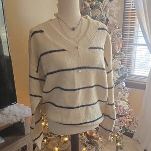 Lush Cream and Black Striped V-Neck Sweater